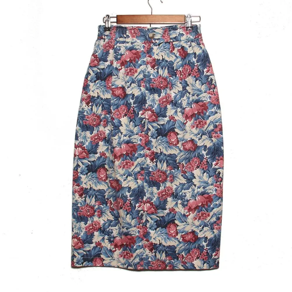 Vintage Norm Thompson Floral Denim Pencil Skirt Size 10 Midi/Maxi Made in USA